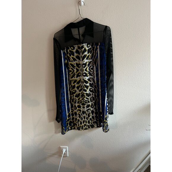Alberto Makali Sheer Leopard Print Blouse Mesh Sleeve Size M - Picture 2 of 7